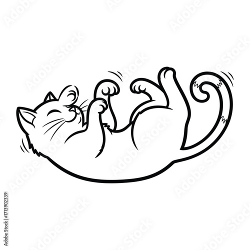 Joyful Cat in Playful Pose: A cheerful line art illustration of a cat playfully rolling, radiating happiness and warmth.