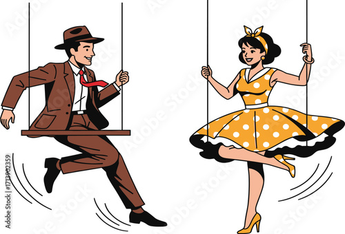 Vintage swing dancers, retro fashion, playful movement, couple swinging, polka-dot dress, brown suit, joyful rhythm, 1950s style, dynamic illustration, vector art