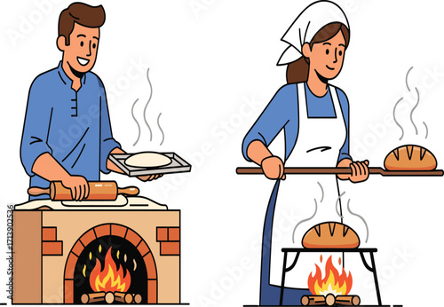 Traditional bread baking, wood-fired oven, handmade dough, artisanal cooking, steaming loaves, rustic kitchen, cultural heritage, fire heat, authentic food preparation