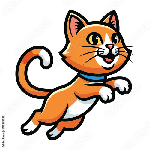 Playful Kitten's Leap: An adorable cartoon kitten, a spirited orange tabby, leaps with boundless energy and pure joy. Its charming, cheerful design is set against a clean backdrop.