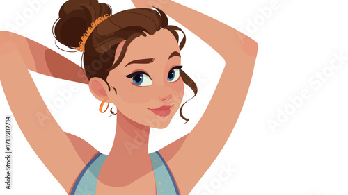 Close-up illustration of a young woman with brown hair, styled in a high bun. She is smiling gently, and her arms are raised above her head. The illustration style is cartoonish with clean lines