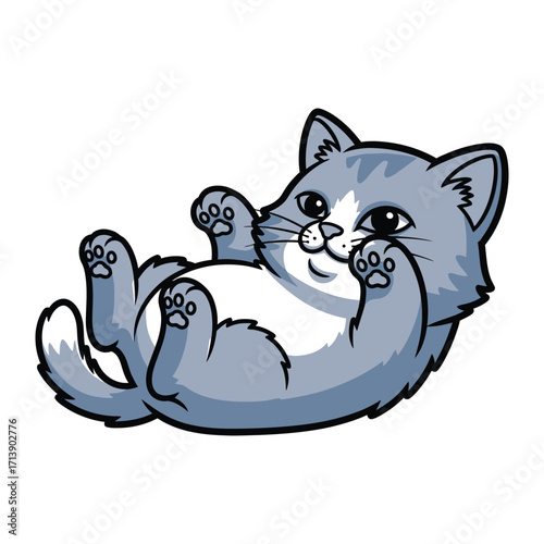 Playful Kitten: A delightful cartoon illustration of a cute kitten lies on its back, paws playfully in the air, exuding pure charm and happiness.