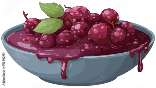 A digital illustration depicting a gray bowl overflowing with dark red berries submerged in a thick, dark purple sauce. The sauce drips down the sides of the bowl. A few green leaves are visible on