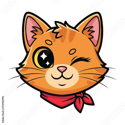 Winking Cat Illustration: A charming illustration features a playful ginger cat winking with one eye. The cat is adorned with a red scarf. A captivating visual of feline fun.