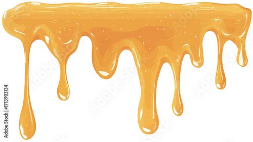 Close-up shot of honey dripping down against a white background. The honey is a rich, golden amber color and exhibits a viscous, flowing texture with several distinct drips. 