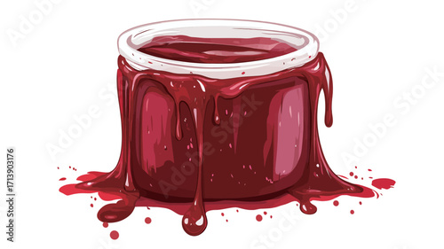A digital illustration of a short, cylindrical glass jar filled with a thick, viscous, red jam or jelly. The jam is overflowing from the jar, with numerous drips and spills cascading down the sides