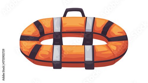A digital illustration of an orange life ring with black straps and a black handle. The life ring is oval-shaped and has reflective strips. It is presented against a plain white background. 