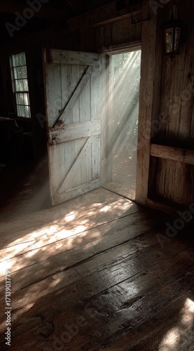 Sunlight streams through an old wooden door