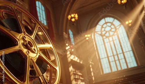 Golden film reel in grand hall. Sunlight streams through stained glass