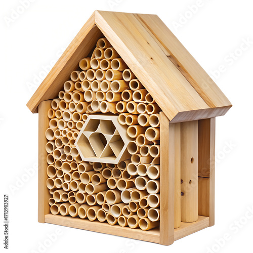 A wooden insect hotel with many bamboo tubes and a hexagonal opening, isolated on transparent background