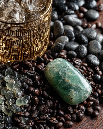 Gold cup, stones, crystals, and coffee