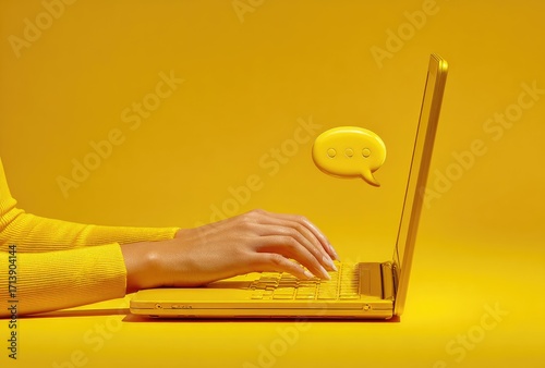 Hands typing on a gold laptop, with a yellow speech bubble