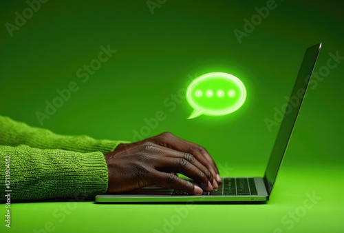 Hands typing on a laptop, glowing chat bubble in green