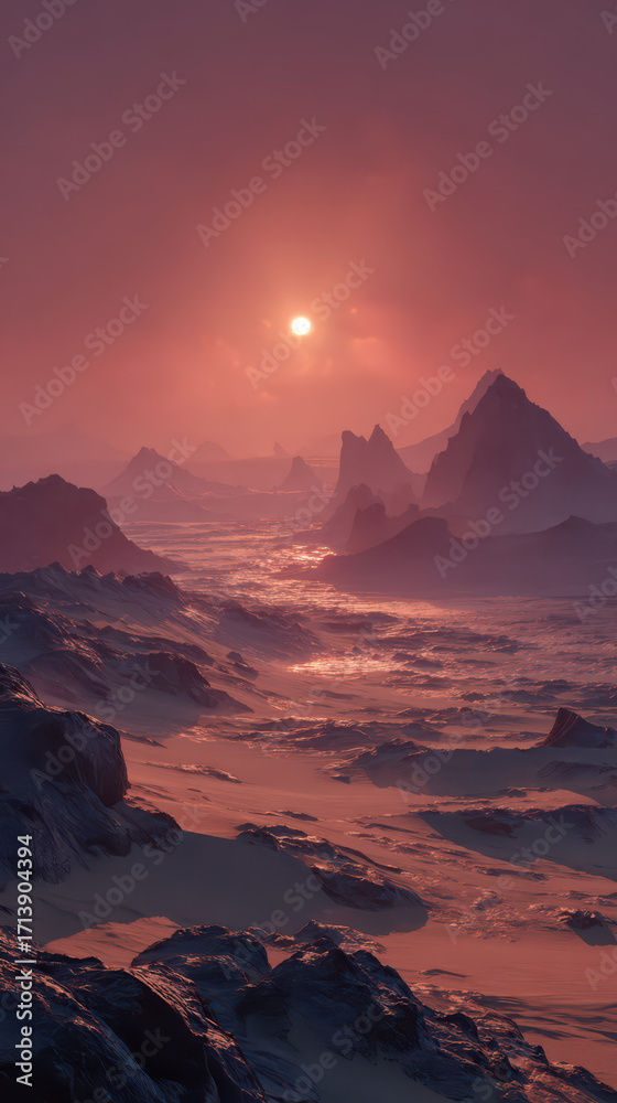 Naklejka premium Crimson Sunset over Mountains: A majestic vista unfolds as the sun casts a fiery glow over rugged mountains. creating a scene of solitude and natural beauty.
