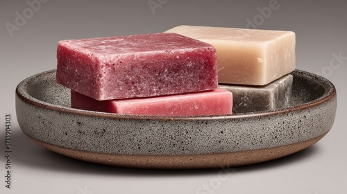 Three bars of handmade soap in a gray ceramic dish