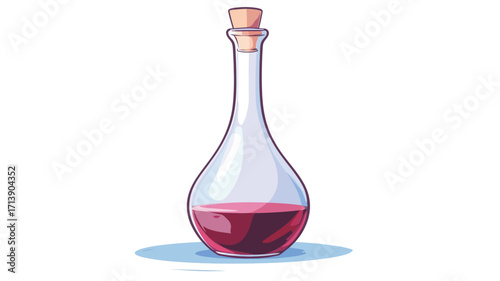 An illustration of a tall, clear glass decanter with a bulbous base filled with a dark reddish liquid. The decanter has a long neck and is topped with a light brown cork stopper.