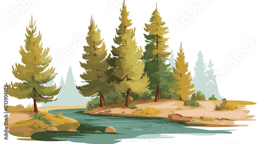A digital painting depicting a tranquil river scene.  The focal point is a cluster of coniferous trees with predominantly yellow and green foliage, suggestive of autumn. 