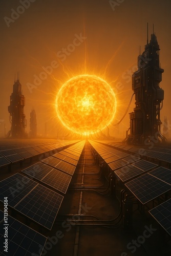 Mega solar farm powering a futuristic city under a radiant, orange sky.