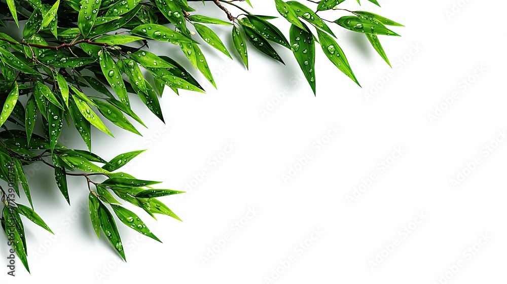 Fototapeta premium Fresh green leaves with water droplets, corner border