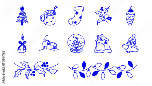 Vector illustration in simple hadn drawn style, in trendy playful whimsical quirky style, for Christmas and New Year prints, cards, banners, cartoon stickers and decorations