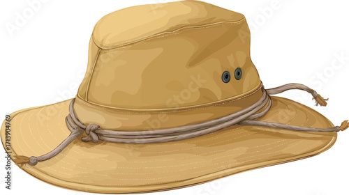 A digital illustration of a tan or beige wide-brimmed hat. The hat is made of a textured fabric and features a wide brim, a slightly crumpled crown, and a light-brown  chin strap tied in a knot.