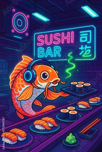 Cool fish wearing headphones serving sushi in a vibrant neon bar.