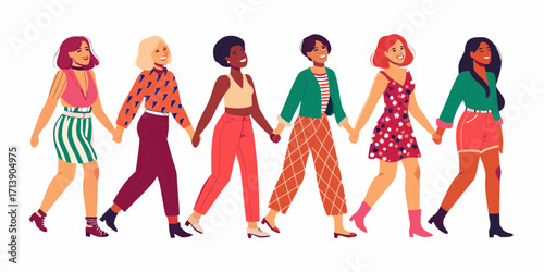 Diverse group of women holding hands and walking together in solidarity and unity