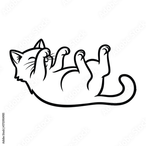 Playful Kitty's Delight: An endearing illustration of a relaxed kitten playfully rolling on its back, showcasing pure joy and carefree spirit.