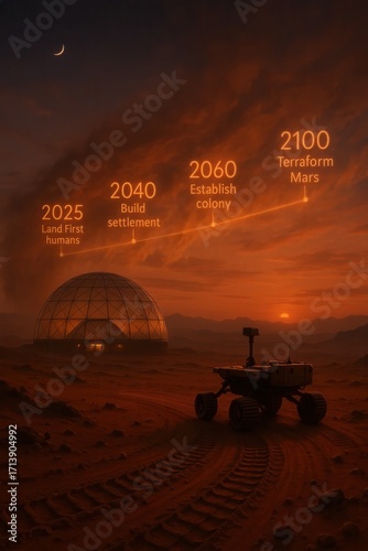 Mars colonization timeline with settlement dome and rover on red planet.