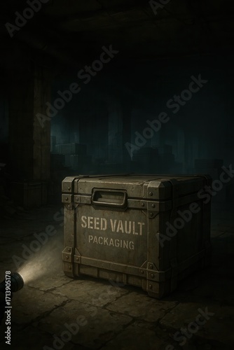 Flashlight illuminates 'Seed Vault' crate in a dark underground facility