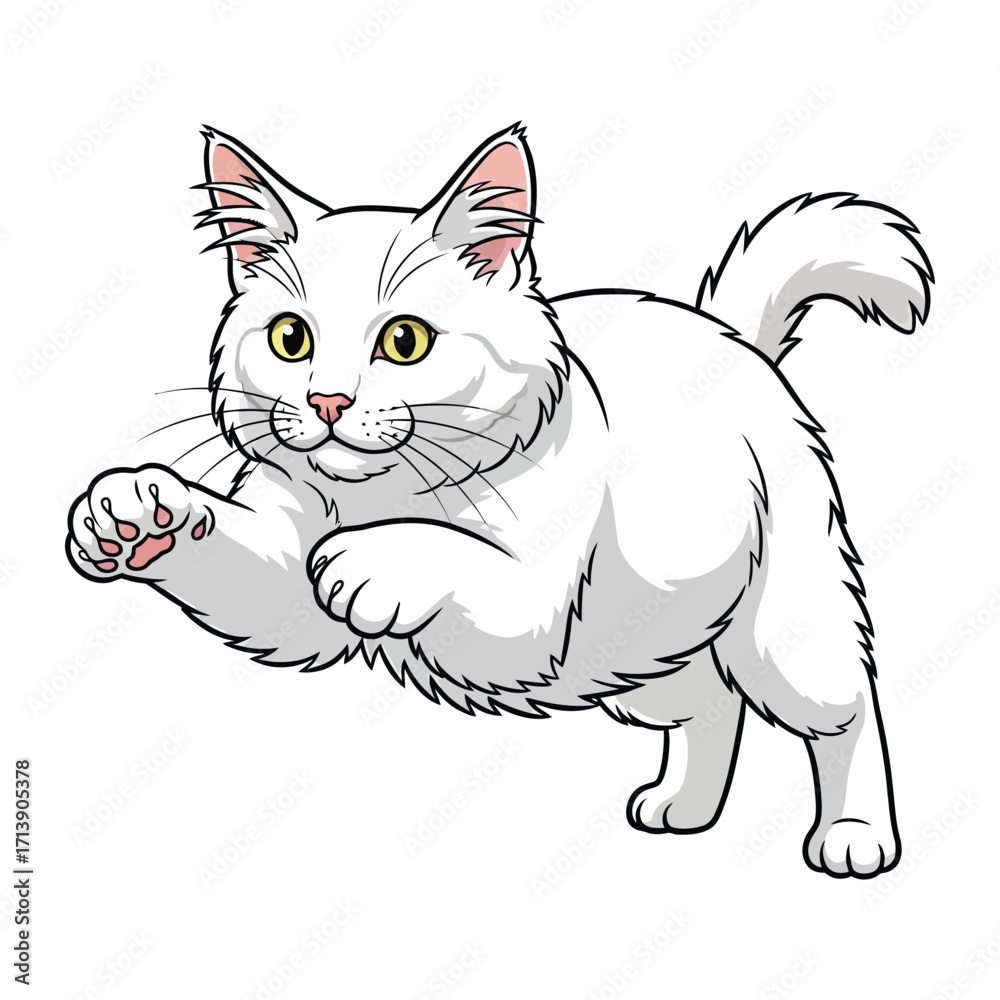 Obraz premium Leaping White Kitten: This captivating cartoon illustration features a playful white kitten, mid-leap with its paws extended. Capturing the essence of feline joy and agility.