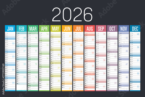 Year 2026 colorful wall calendar on dark background, English language, vector template