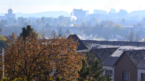 Early winter in the Tudor neighbourhood. Smoking chimneys. 