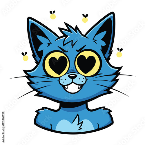 Blue Cat's Adoration: A vibrantly colored blue cat with expressive eyes and a charming expression radiates affection, accompanied by whimsical.