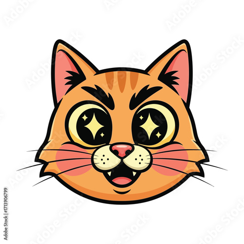 Happy Cat's Animated Portrait: A charming animated cat's head, exuding joy with sparkling eyes and an endearing grin, is showcased in a vibrant, captivating illustration.