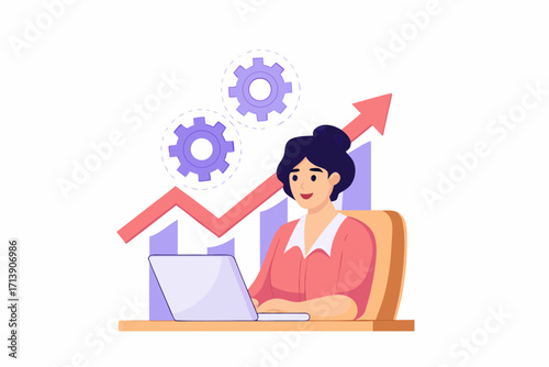 Businesswoman working on laptop with upward trending graph and gears symbolizing growth and efficiency