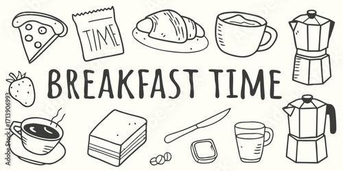 Hand drawn doodle style breakfast time icons featuring coffee croissant toast and strawberry