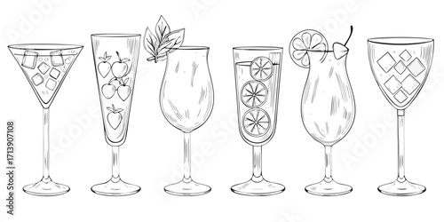Collection of hand drawn cocktail glasses with ice fruit and garnishes in sketchy style