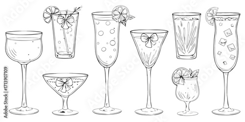Collection of hand drawn cocktail glasses with garnishes and bubbles in sketch style