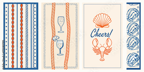 Nautical themed illustrations with seafood drinks and patterns in blue and orange colors