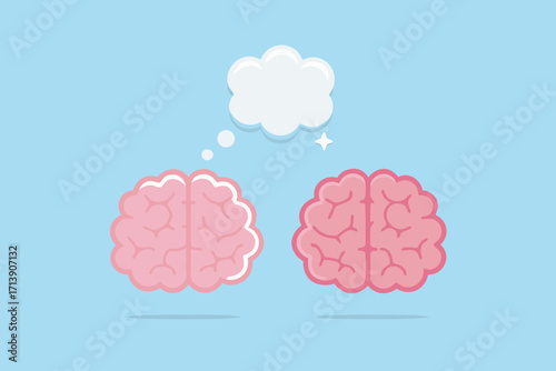 Two cartoon brains with a thought bubble and a star above them on a blue background