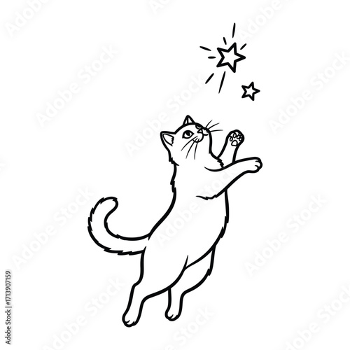 Whimsical Kitty Cat and Stars: A delightful illustration of a cat reaching playfully for stars, embodying joy and wonder. The simple line art style adds a touch of enchantment.