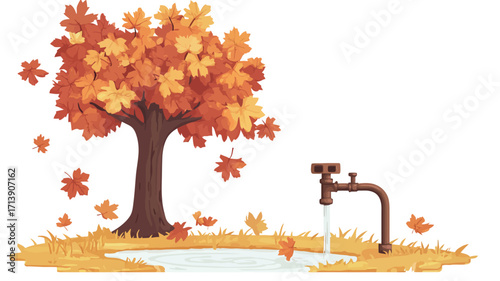The illustration depicts a cartoon-style maple tree with orange and yellow autumn leaves.  Some leaves are falling from the tree.  Beside the tree is a simple illustration of a brown water tap with