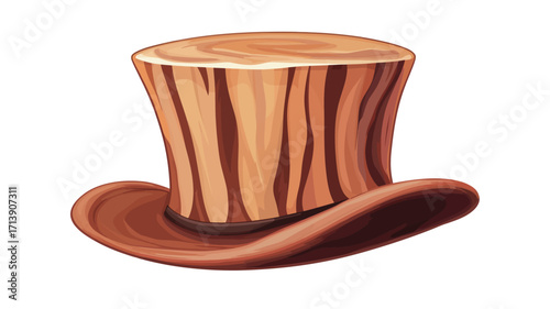 A digital illustration of a top hat appearing to be made of wood. The hat is predominantly brown and orange, showcasing a distinct wood grain texture. The illustration style is clean and detailed,