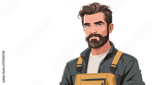 A vector illustration depicting a close-up portrait of a man with a full beard and mustache. He is wearing a dark gray shirt and mustard yellow work overalls with suspenders. 