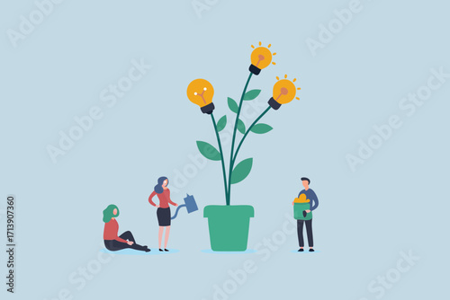 People nurturing a plant with lightbulb ideas growing from it and collecting coins for investment