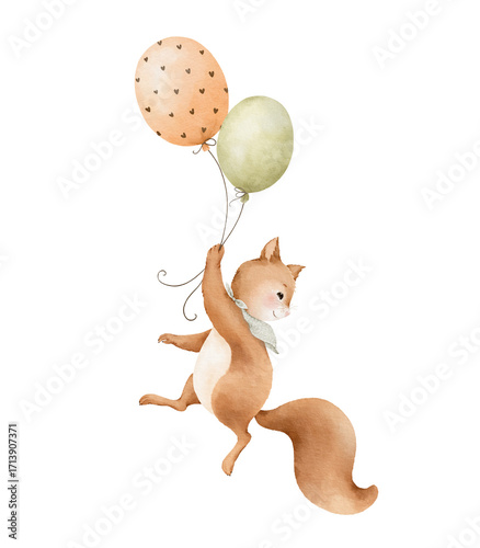 Watercolor cute squirrel to fly with colored balloons. Drawing of character in pastel warm orange colors. Isolated  hand-drawn illustration. For childish prints, shower greeting cards or invitations.