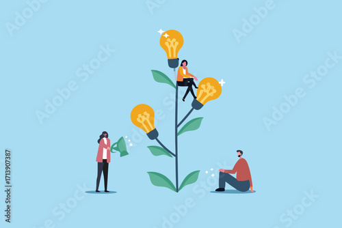 People nurturing a plant with light bulbs representing ideas and innovation growth