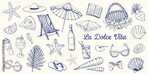 Foto La dolce vita collection of hand drawn summer beach vacation and lifestyle eleme