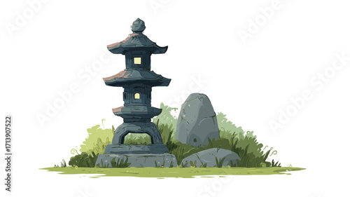 A digital painting depicts a three-tiered Japanese stone lantern, dark gray in color, positioned slightly left of center.  Beside it are several gray rocks, varying in size and shape, nestled in a